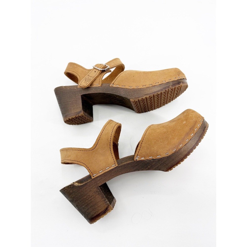 Sandgrens Handmade Swedish Tan Nubuck Leather Wooden Platform Clog Size 39 8-8.5 - Picture 4 of 14